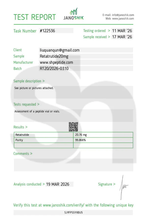 Janoshik Analytical test report #122536 for GLP-3 RTA batch RT20/2026-0310